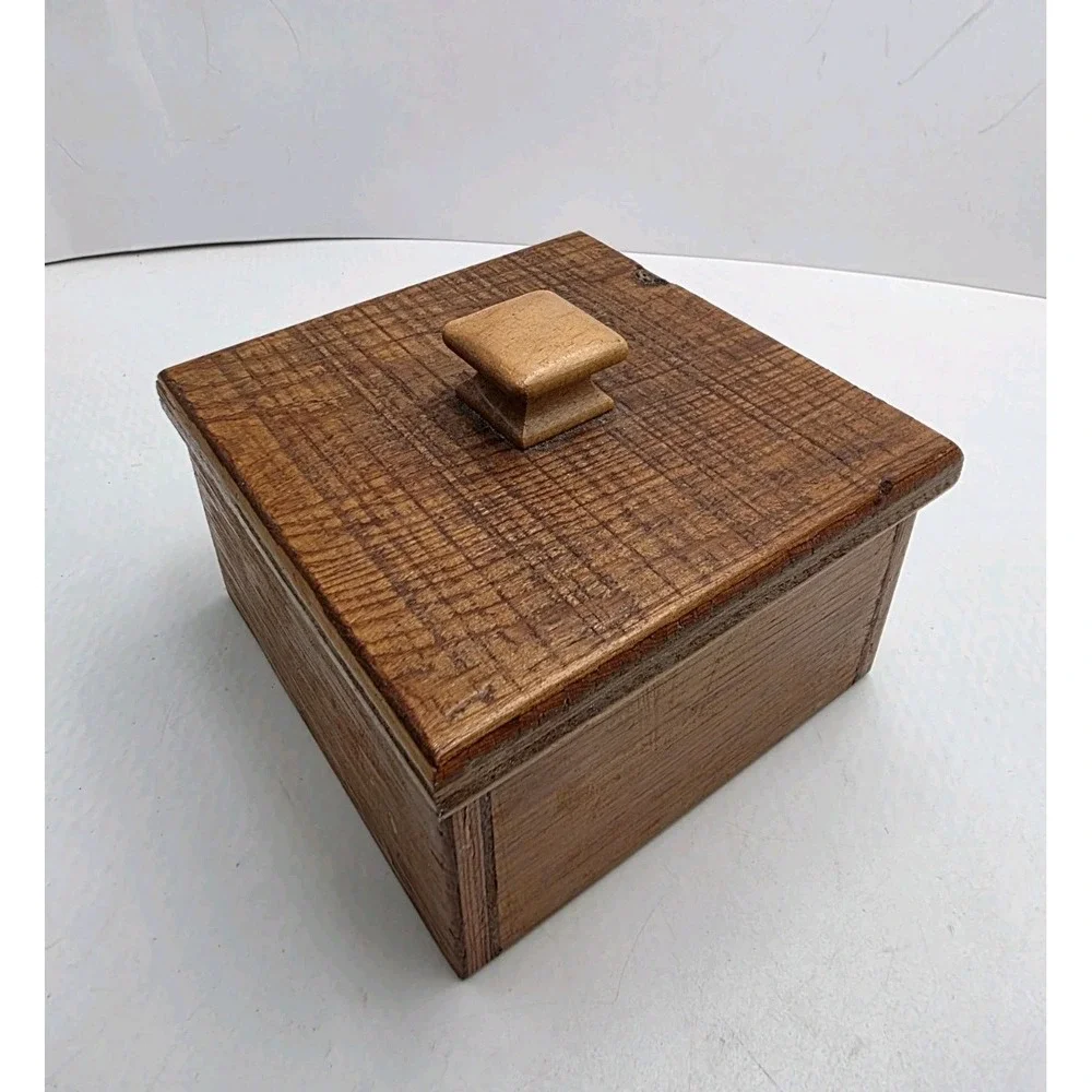 Handcrafted Wood Trinket Box Lidded Rustic Primitive Folk Art Square 5